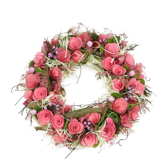 12.5&#x22; Pink Flowers &#x26; Berries with Green Leaves &#x26; Twigs Spring Wreath